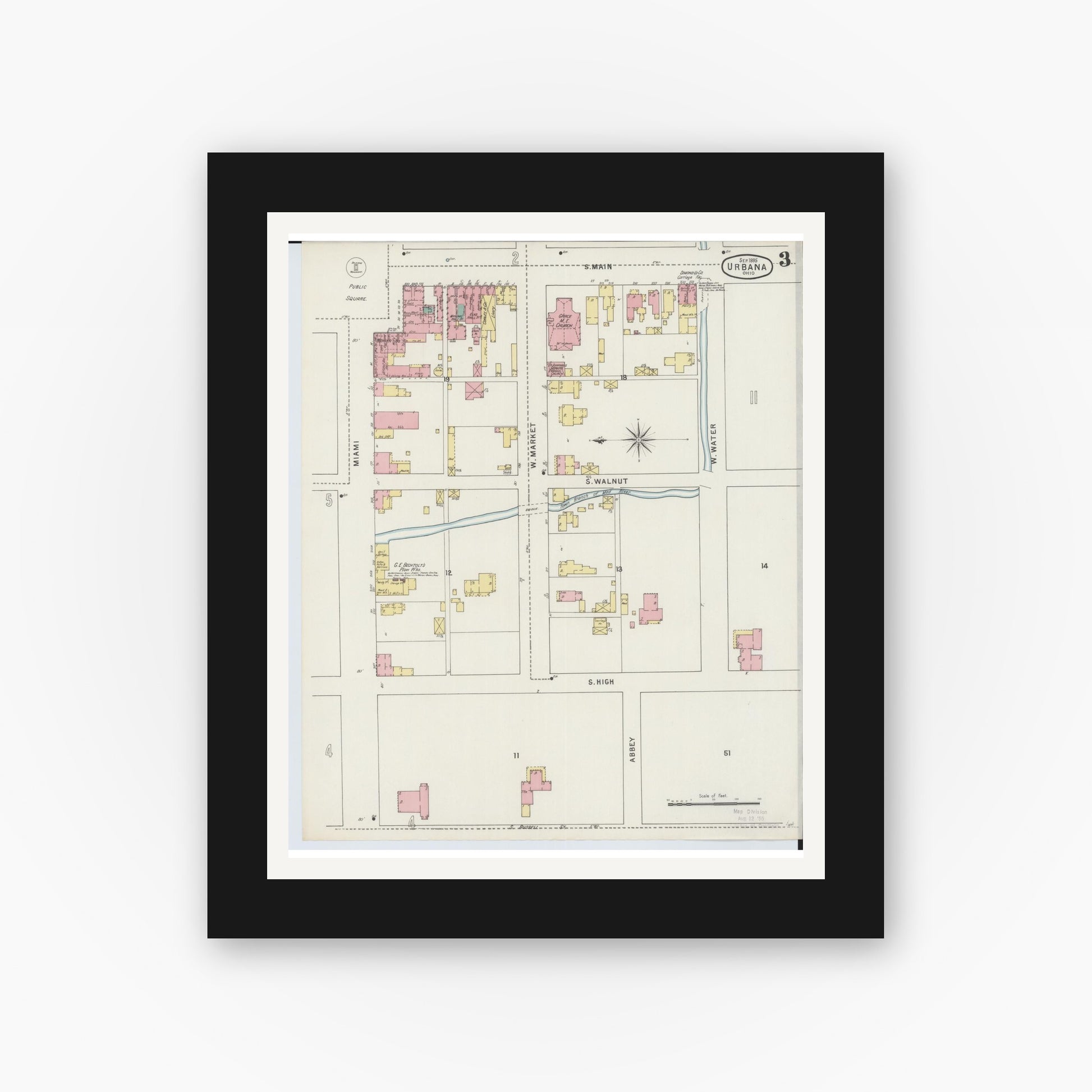 Old map wall art mockup — black gallery frame with white mat — Sanborn Fire Insurance Map from Urbana, Champaign County, Ohio (1895), Sheet #0003