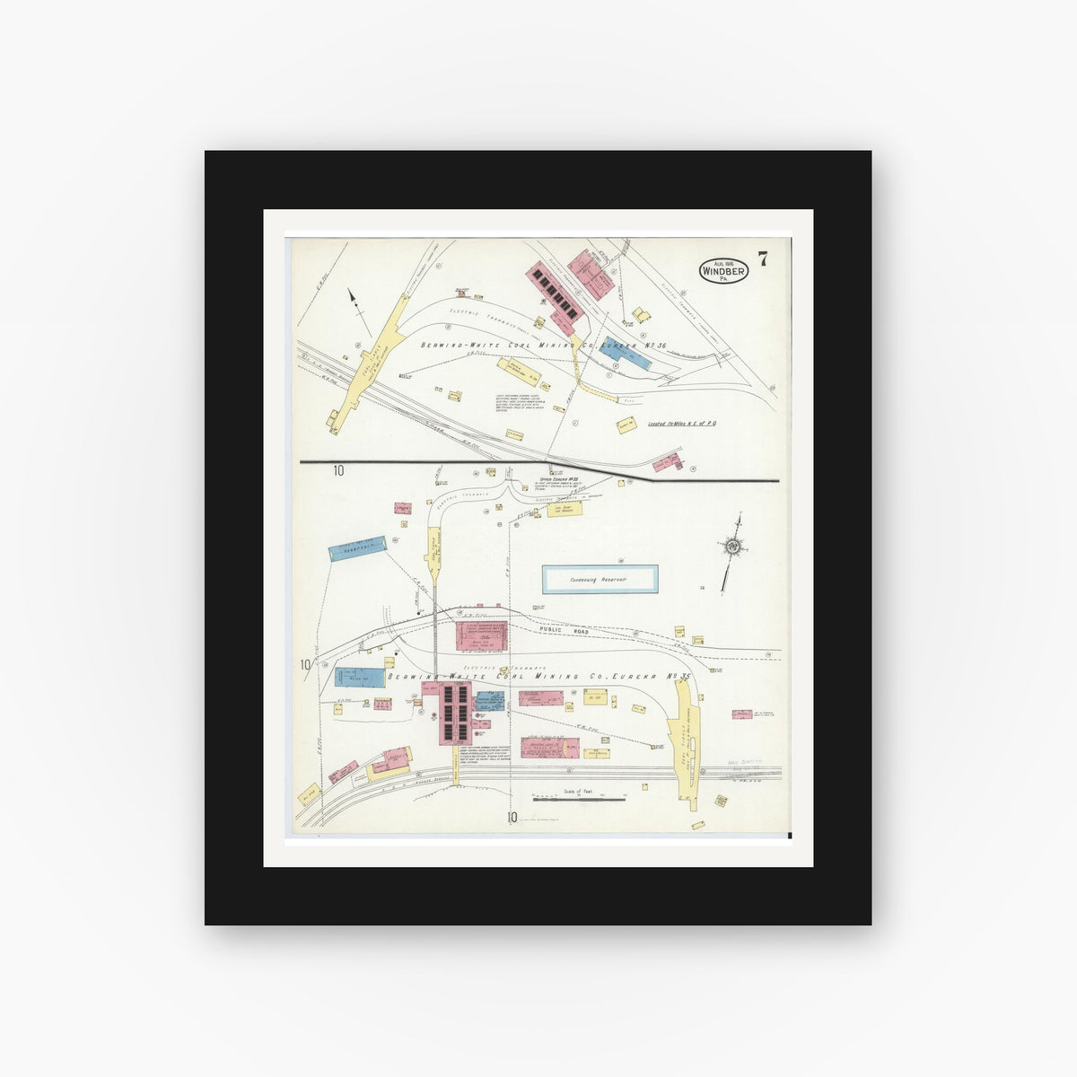 Old map wall art mockup — black gallery frame with white mat — Sanborn Fire Insurance Map from Windber, Somerset County, Pennsylvania (1916), Sheet #0007