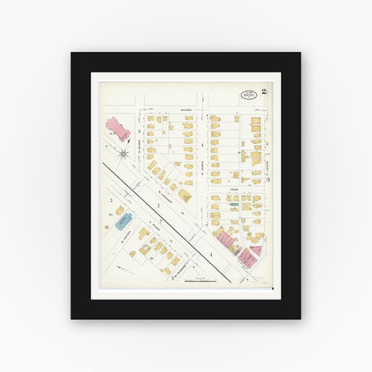 Old map wall art mockup — black gallery frame with white mat — Sanborn Fire Insurance Map from Sayre, Bradford County, Pennsylvania (1909), Sheet #0002