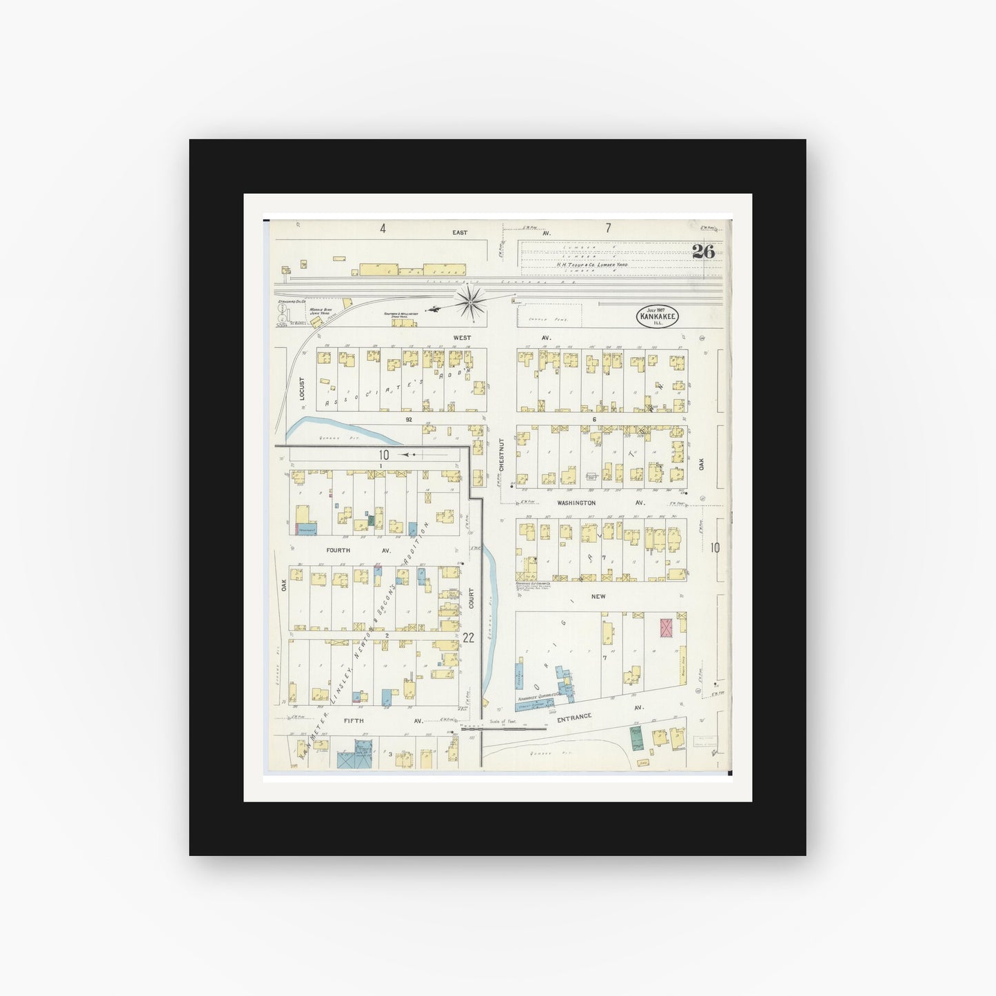 Old map wall art mockup — black gallery frame with white mat — Sanborn Fire Insurance Map from Kankakee, Kankakee County, Illinois (1907), Sheet #0026