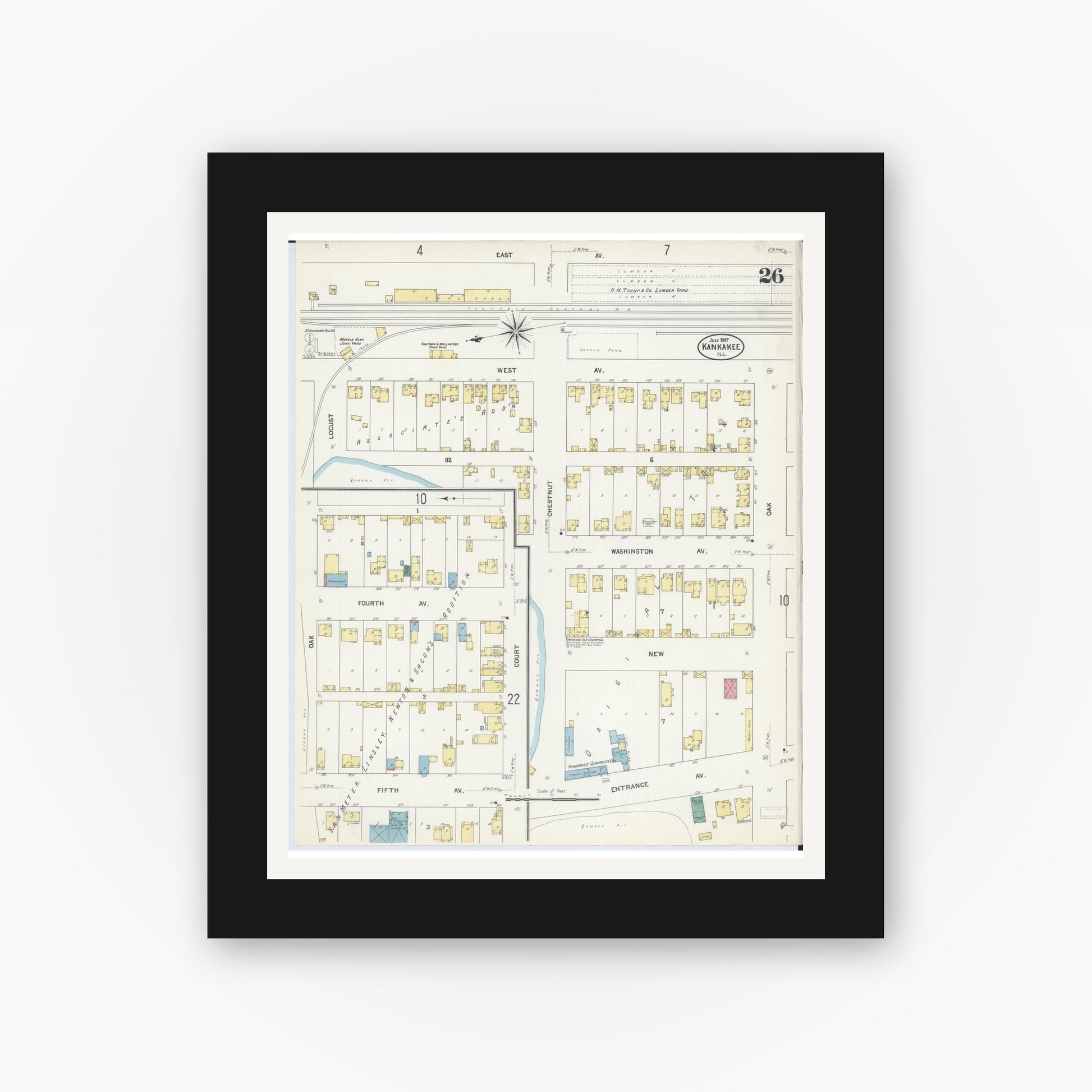 Old map wall art mockup — black gallery frame with white mat — Sanborn Fire Insurance Map from Kankakee, Kankakee County, Illinois (1907), Sheet #0026