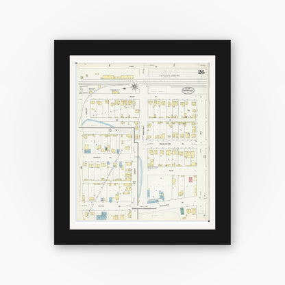 Old map wall art mockup — black gallery frame with white mat — Sanborn Fire Insurance Map from Kankakee, Kankakee County, Illinois (1907), Sheet #0026