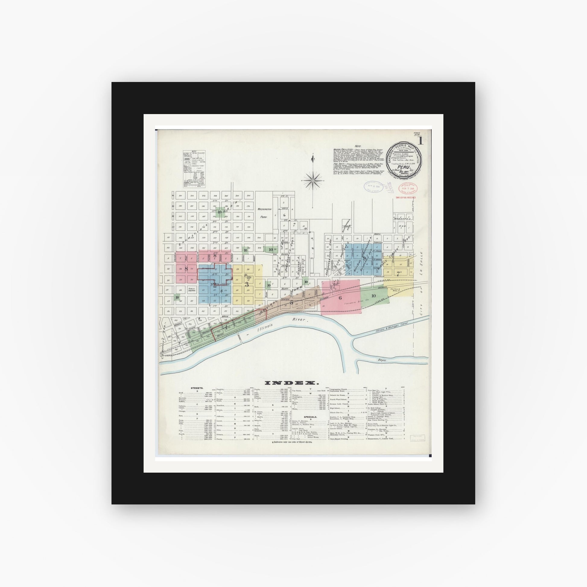 Old map wall art mockup — black gallery frame with white mat — Sanborn Fire Insurance Map from Peru, La Salle County, Illinois (1897), Sheet #0001