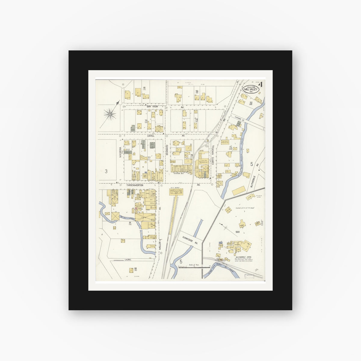 Old map wall art mockup — black gallery frame with white mat — Sanborn Fire Insurance Map from Mill Valley, Marin County, California (1908), Sheet #0004