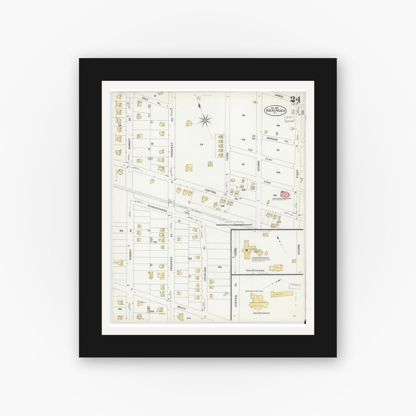 Old map wall art mockup — black gallery frame with white mat — Sanborn Fire Insurance Map from Hackensack, Bergen County, New Jersey (1908), Sheet #0024