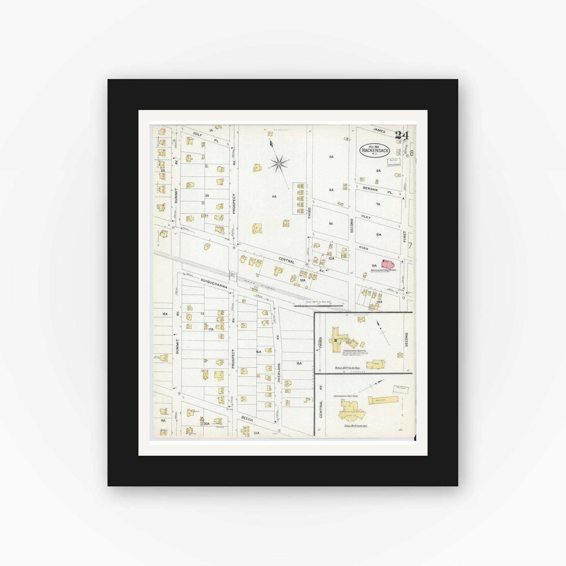 Old map wall art mockup — black gallery frame with white mat — Sanborn Fire Insurance Map from Hackensack, Bergen County, New Jersey (1908), Sheet #0024