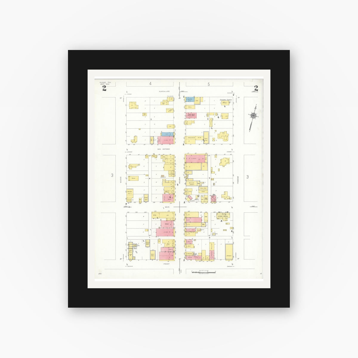 Old map wall art mockup — black gallery frame with white mat — Sanborn Fire Insurance Map from Runge, Karnes County, Texas (1934), Sheet #0002