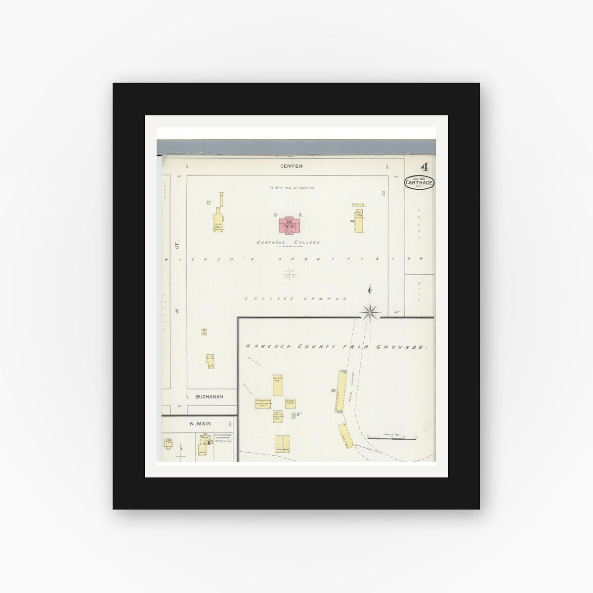 Old map wall art mockup — black gallery frame with white mat — Sanborn Fire Insurance Map from Carthage, Hancock County, Illinois (1893), Sheet #0004