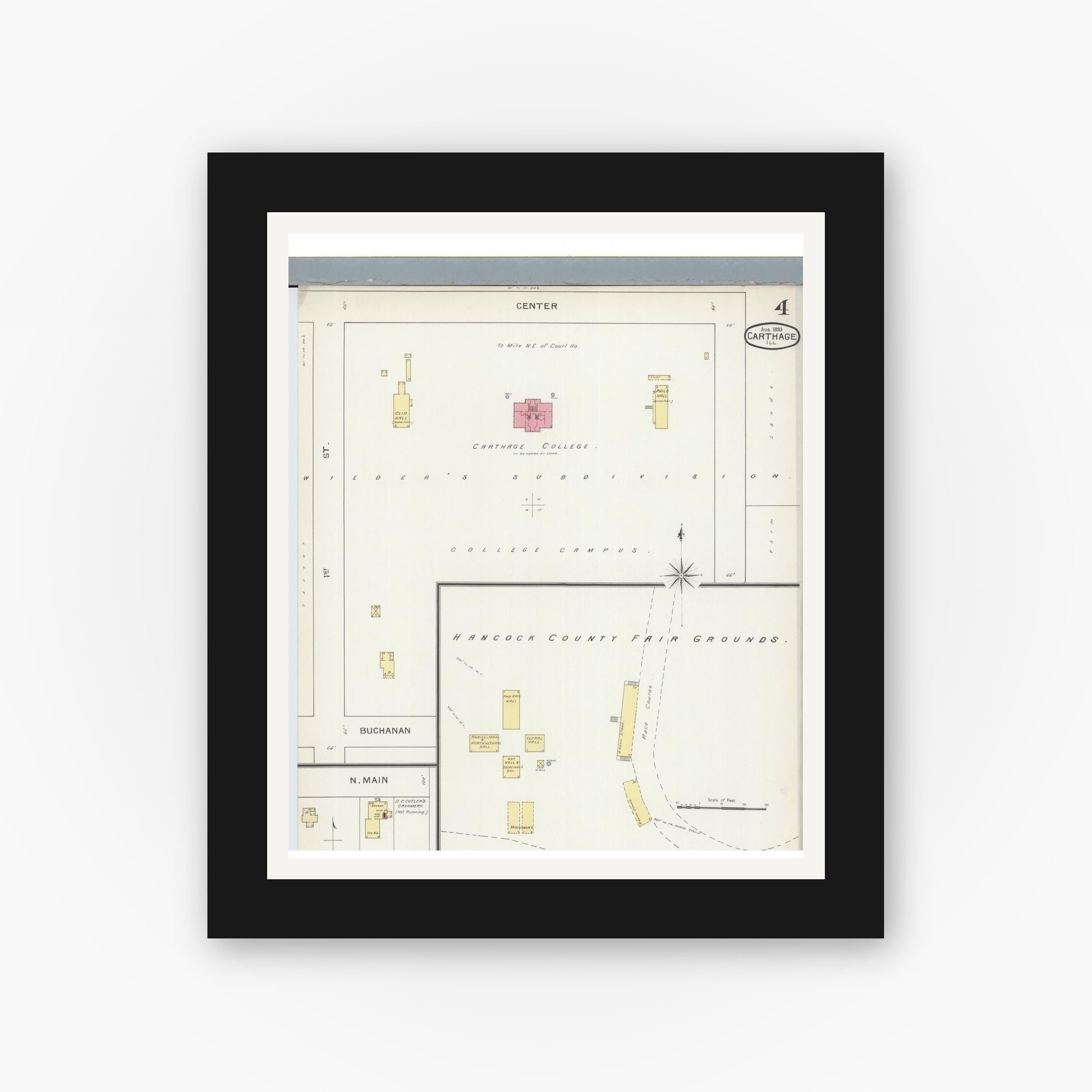 Old map wall art mockup — black gallery frame with white mat — Sanborn Fire Insurance Map from Carthage, Hancock County, Illinois (1893), Sheet #0004