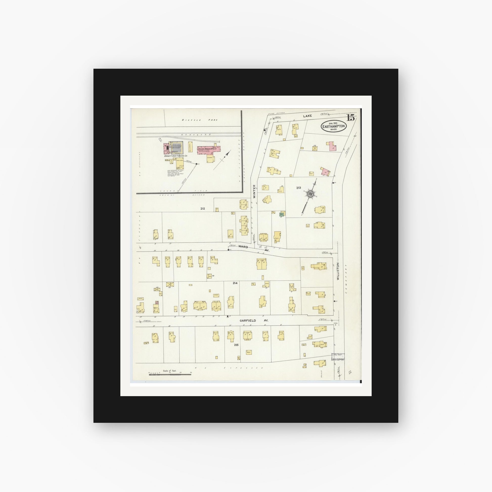 Old map wall art mockup — black gallery frame with white mat — Sanborn Fire Insurance Map from East Hampton, Hampshire County, Massachusetts (1910), Sheet #0015