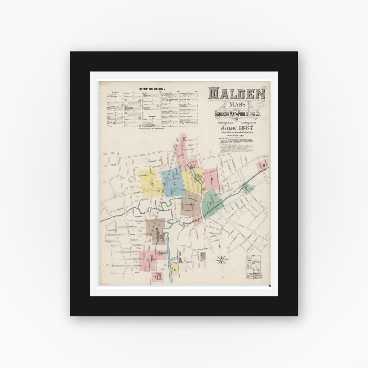 Old map wall art mockup — black gallery frame with white mat — Sanborn Fire Insurance Map from Malden, Middlesex County, Massachusetts (1887) - Complete Map Set