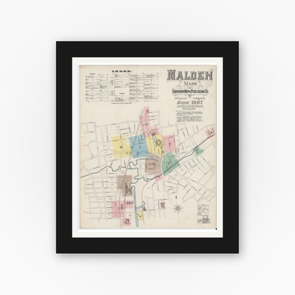 Old map wall art mockup — black gallery frame with white mat — Sanborn Fire Insurance Map from Malden, Middlesex County, Massachusetts (1887) - Complete Map Set