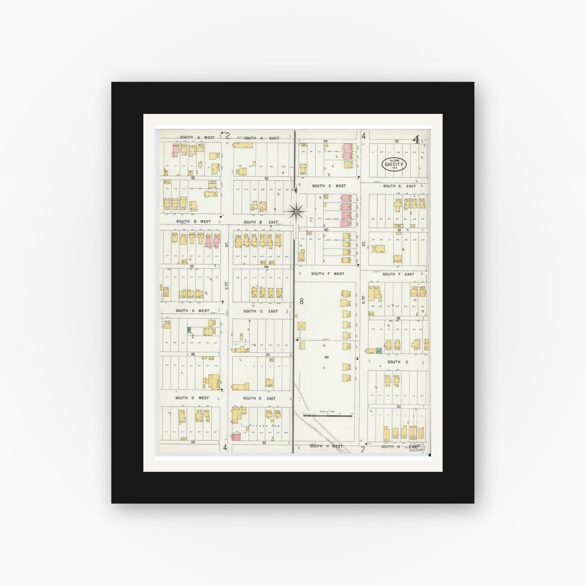 Old map wall art mockup — black gallery frame with white mat — Sanborn Fire Insurance Map from Gas City, Grant County, Indiana (1898), Sheet #0004