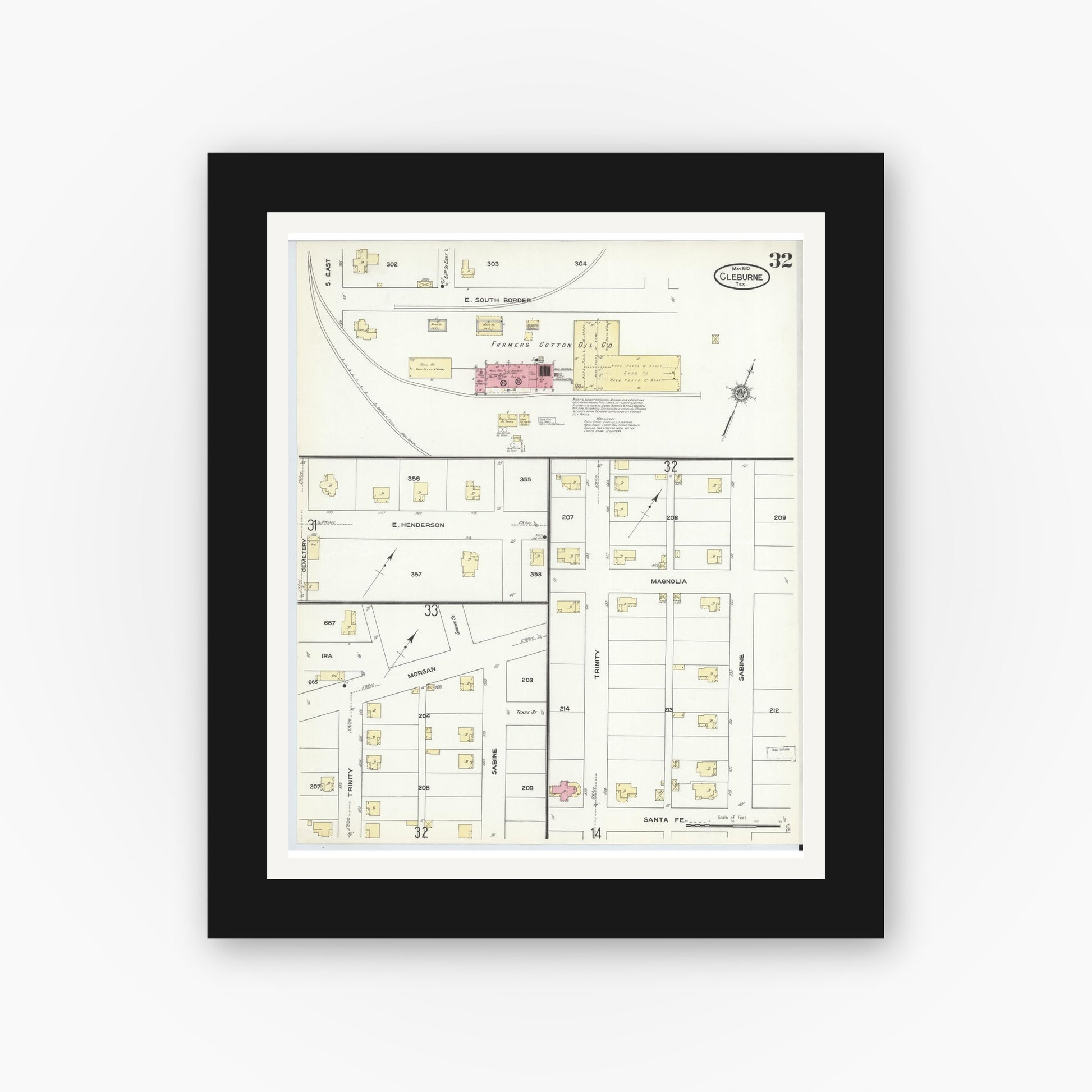 Old map wall art mockup — black gallery frame with white mat — Sanborn Fire Insurance Map from Cleburne, Johnson County, Texas (1910), Sheet #0032