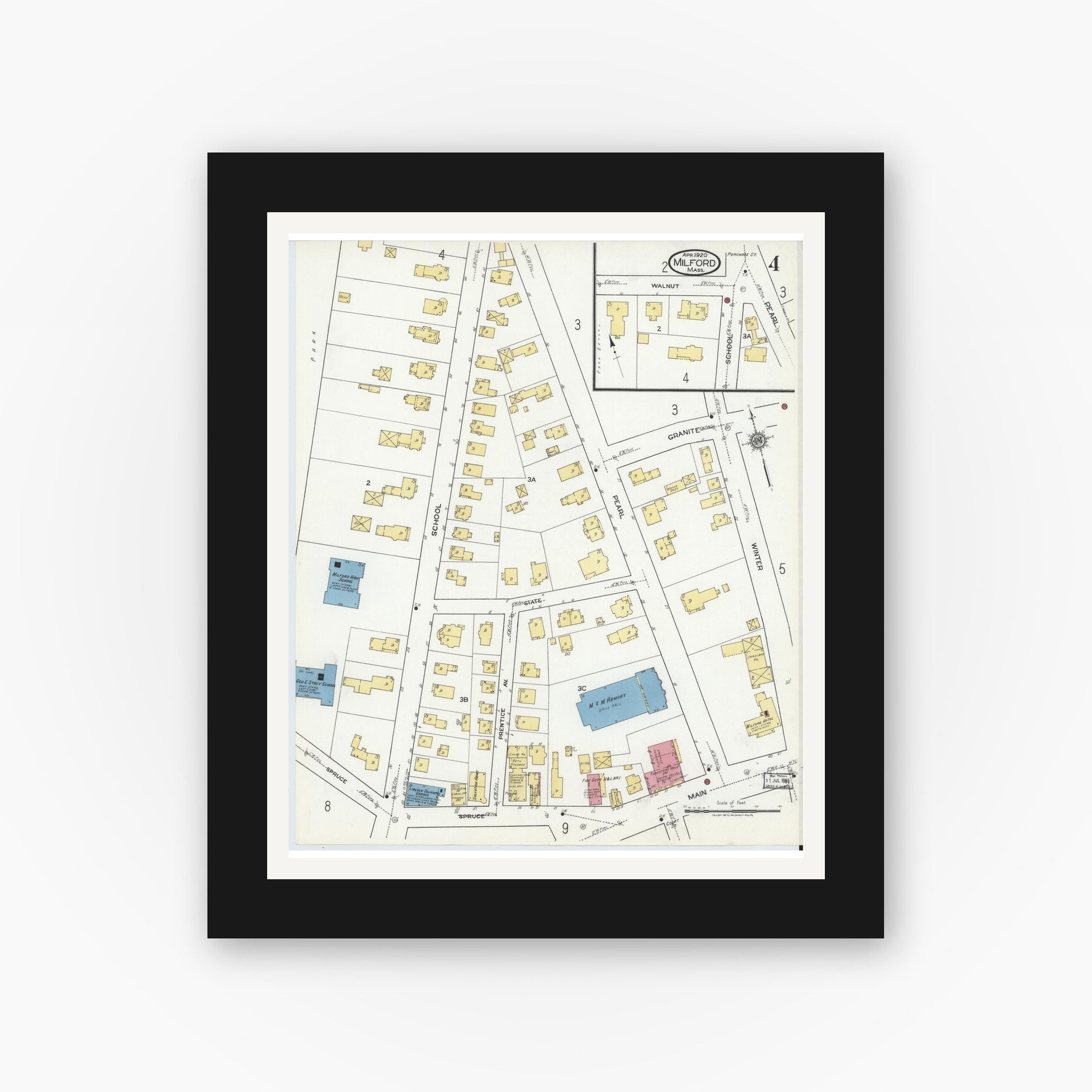 Old map wall art mockup — black gallery frame with white mat — Sanborn Fire Insurance Map from Milford, Worcester County, Massachusetts (1920), Sheet #0004