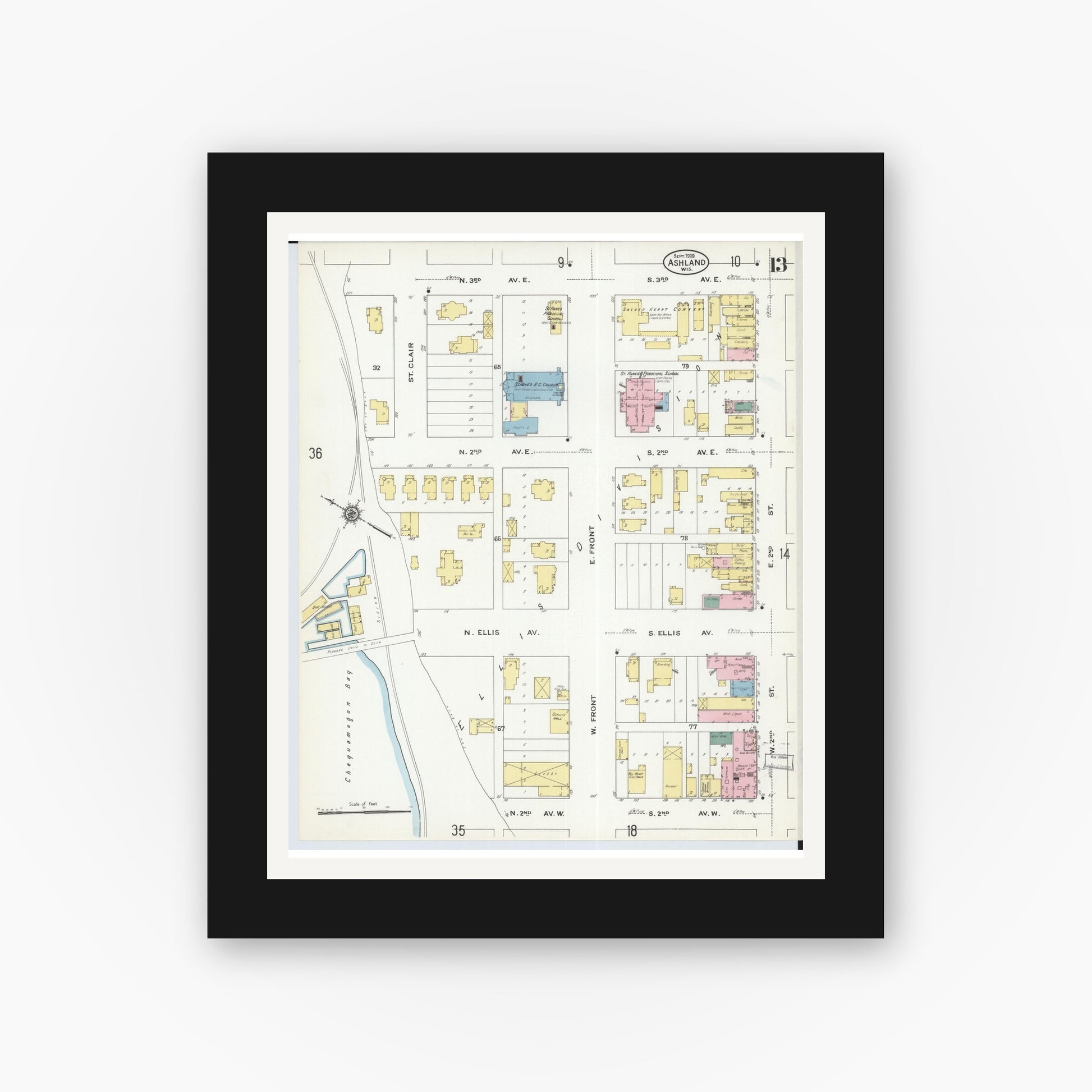 Old map wall art mockup — black gallery frame with white mat — Sanborn Fire Insurance Map from Ashland, Ashland County, Wisconsin (1909), Sheet #0013
