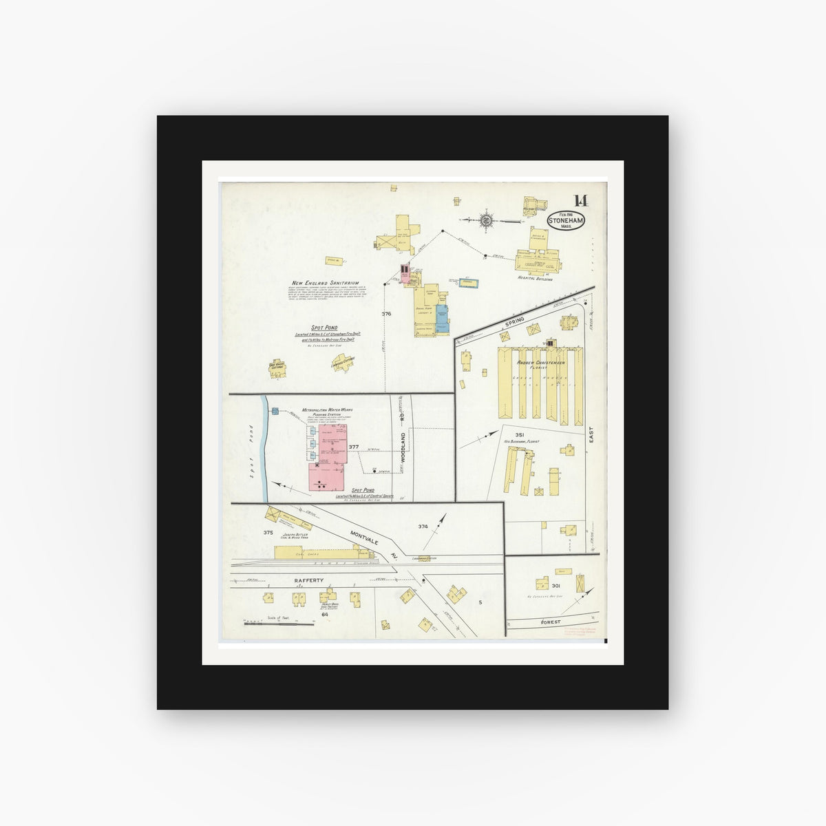 Old map wall art mockup — black gallery frame with white mat — Sanborn Fire Insurance Map from Stoneham, Middlesex County, Massachusetts (1916), Sheet #0014