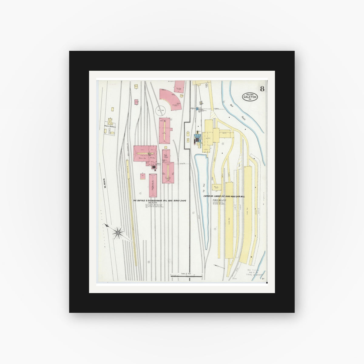 Old map wall art mockup — black gallery frame with white mat — Sanborn Fire Insurance Map from Galeton, Potter County, Pennsylvania (1905), Sheet #0008