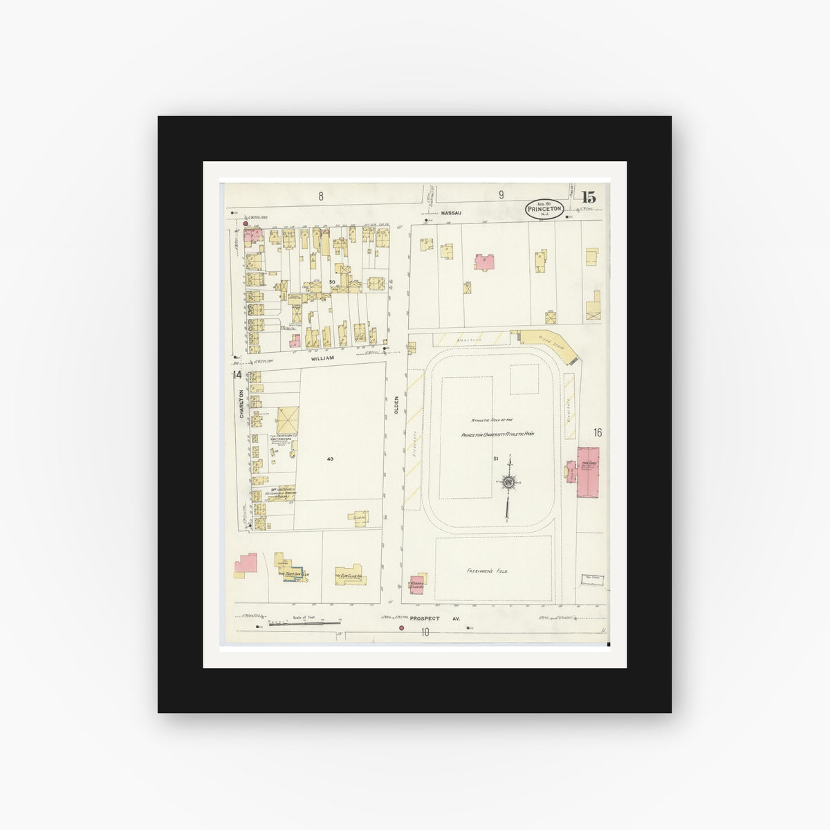 Old map wall art mockup — black gallery frame with white mat — Sanborn Fire Insurance Map from Princeton, Mercer County, New Jersey (1911), Sheet #0015