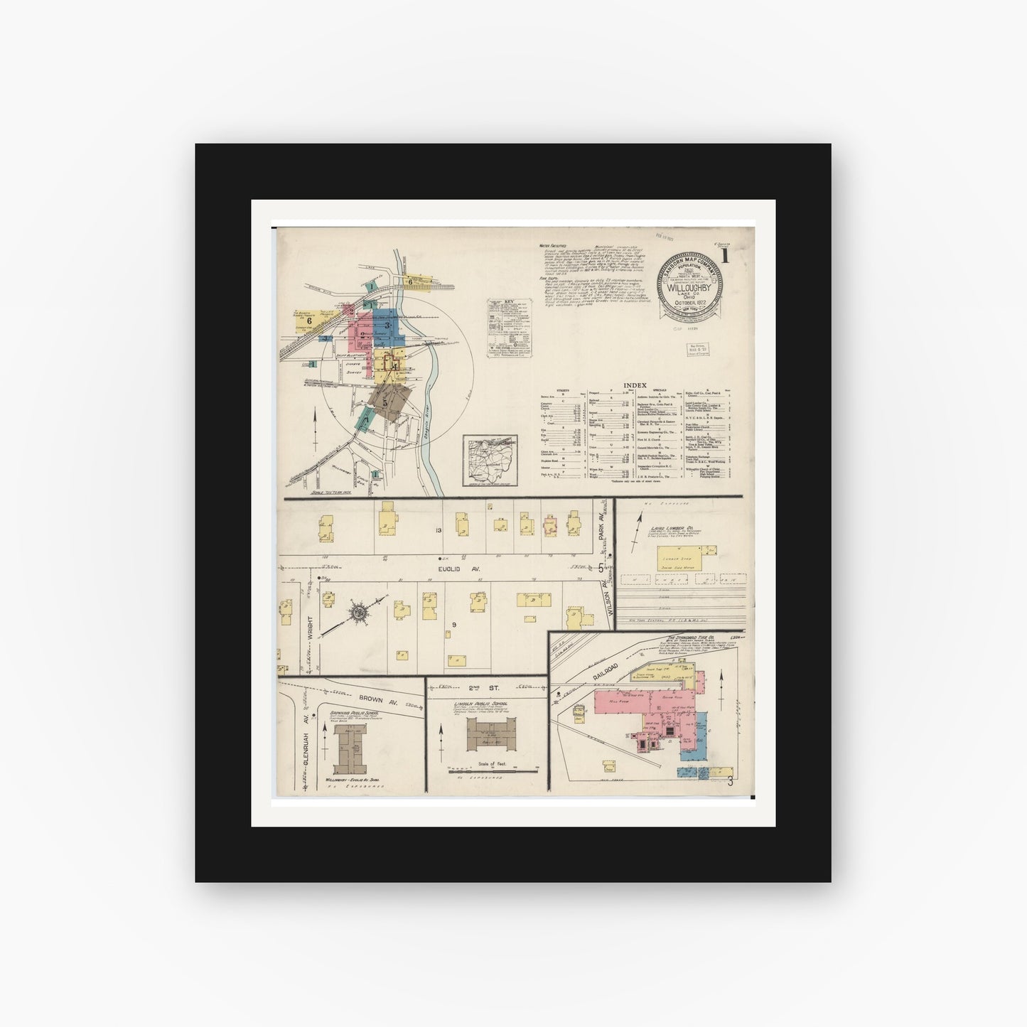 Old map wall art mockup — black gallery frame with white mat — Sanborn Fire Insurance Map from Willoughby, Lake County, Ohio (1922) - Complete Map Set