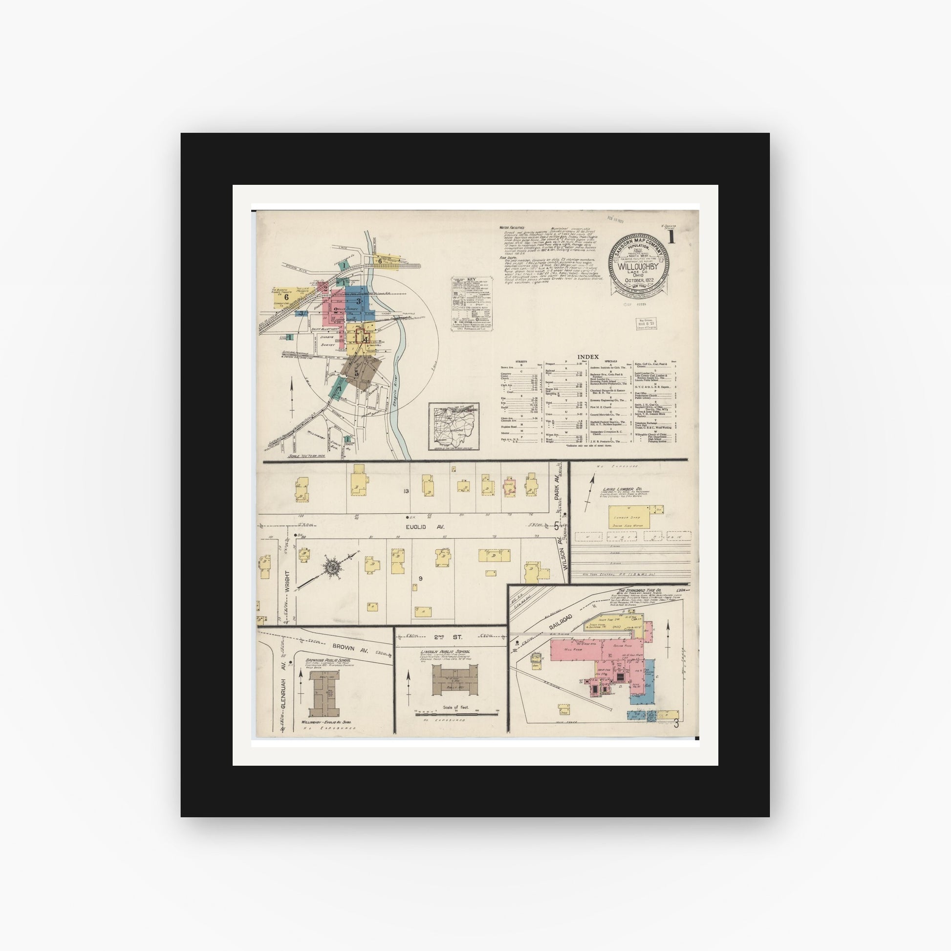 Old map wall art mockup — black gallery frame with white mat — Sanborn Fire Insurance Map from Willoughby, Lake County, Ohio (1922) - Complete Map Set