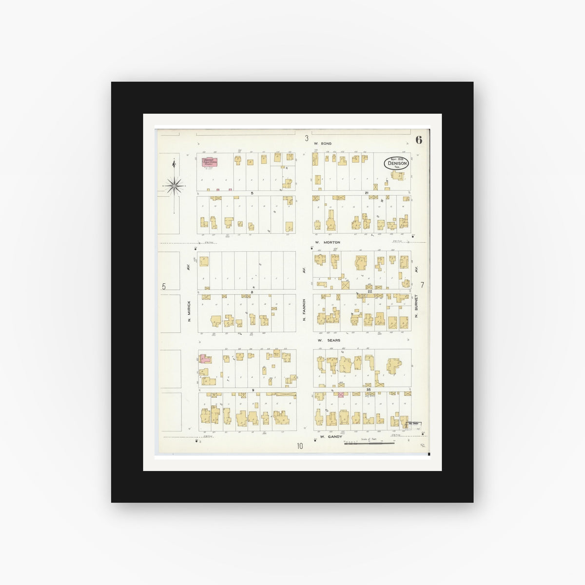 Old map wall art mockup — black gallery frame with white mat — Sanborn Fire Insurance Map from Denison, Grayson County, Texas (1908), Sheet #0006