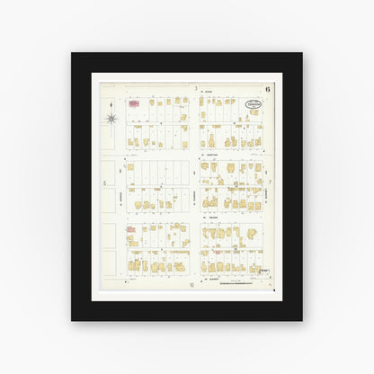 Old map wall art mockup — black gallery frame with white mat — Sanborn Fire Insurance Map from Denison, Grayson County, Texas (1908), Sheet #0006