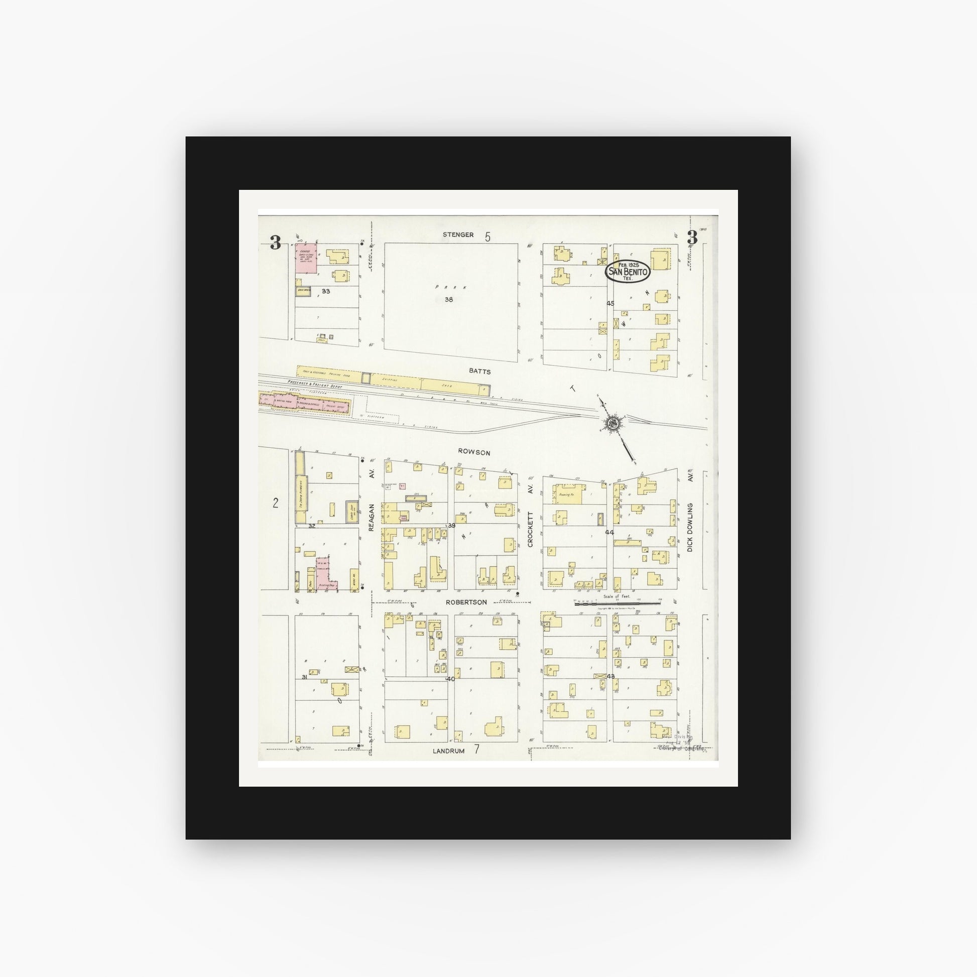 Old map wall art mockup — black gallery frame with white mat — Sanborn Fire Insurance Map from San Benito, Cameron County, Texas (1925), Sheet #0003