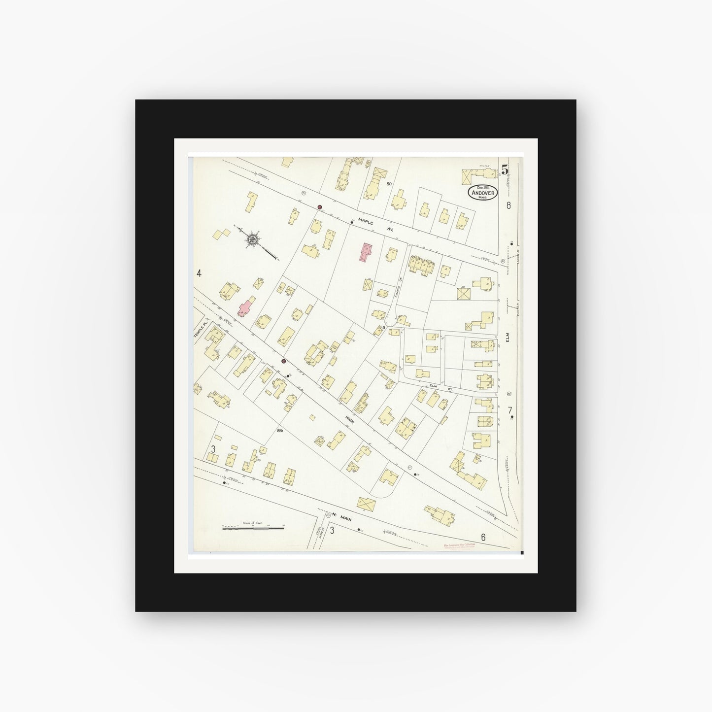 Old map wall art mockup — black gallery frame with white mat — Sanborn Fire Insurance Map from Andover, Essex County, Massachusetts (1911), Sheet #0005
