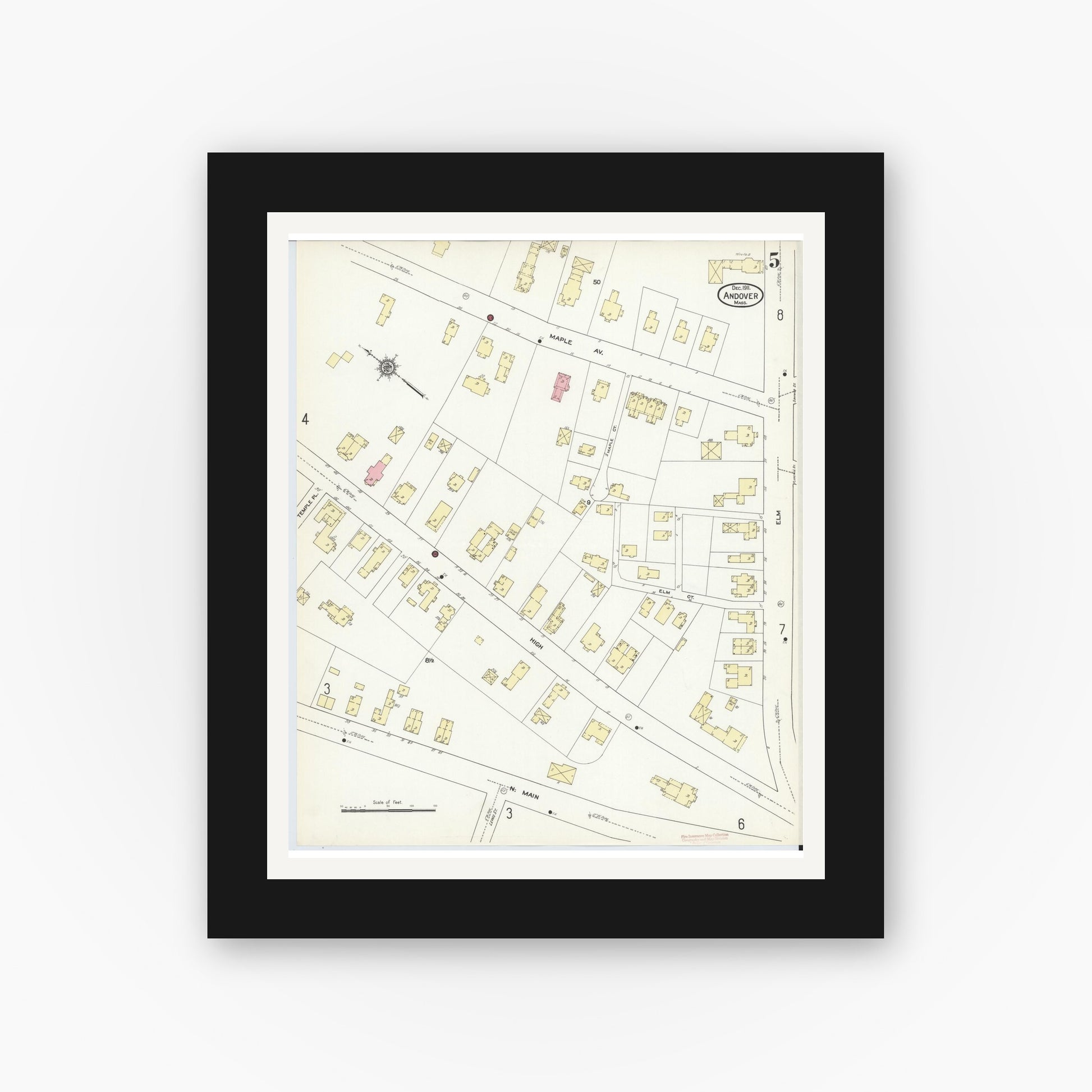 Old map wall art mockup — black gallery frame with white mat — Sanborn Fire Insurance Map from Andover, Essex County, Massachusetts (1911), Sheet #0005