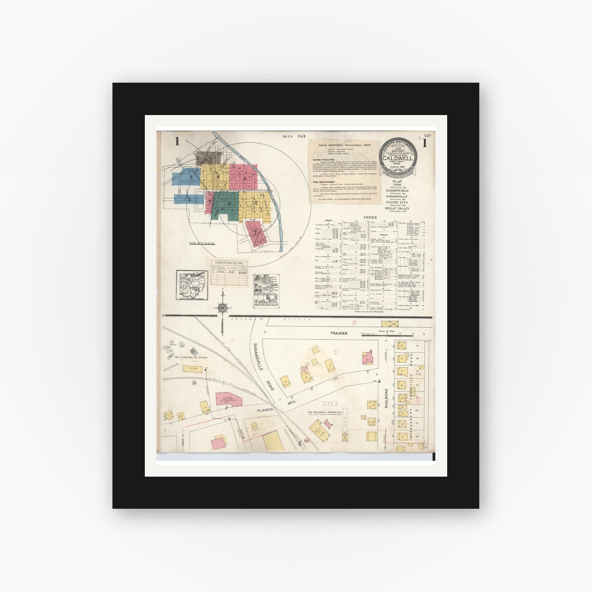 Old map wall art mockup — black gallery frame with white mat — Sanborn Fire Insurance Map from Caldwell, Noble County, Ohio (1932), Sheet #0001