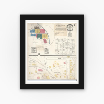 Old map wall art mockup — black gallery frame with white mat — Sanborn Fire Insurance Map from Caldwell, Noble County, Ohio (1932), Sheet #0001