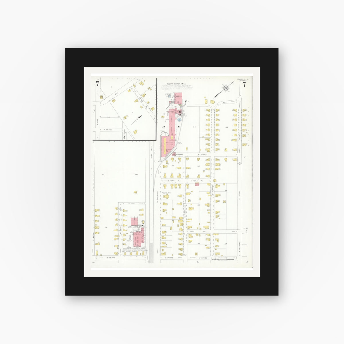 Old map wall art mockup — black gallery frame with white mat — Sanborn Fire Insurance Map from Selma, Johnston County, North Carolina (1933), Sheet #0007