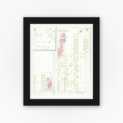 Old map wall art mockup — black gallery frame with white mat — Sanborn Fire Insurance Map from Selma, Johnston County, North Carolina (1933), Sheet #0007