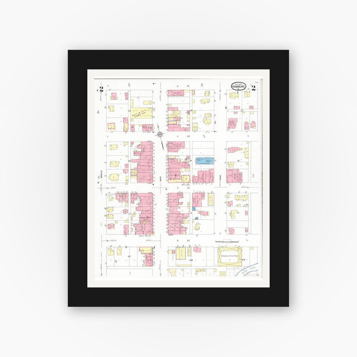 Old map wall art mockup — black gallery frame with white mat — Sanborn Fire Insurance Map from Hamburg, Fremont County, Iowa (1930), Sheet #0002