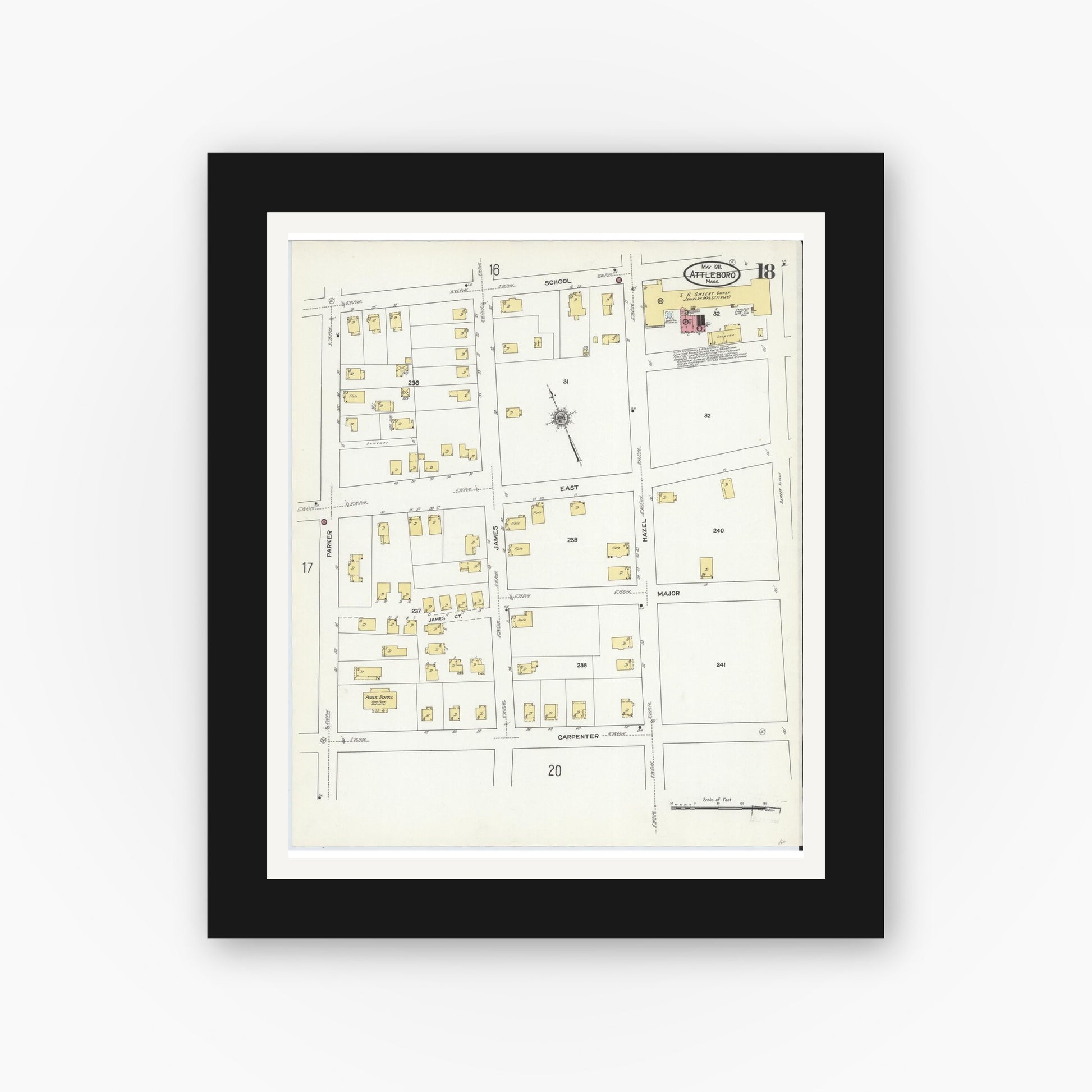 Old map wall art mockup — black gallery frame with white mat — Sanborn Fire Insurance Map from Attleboro, Bristol County, Massachusetts (1911), Sheet #0018