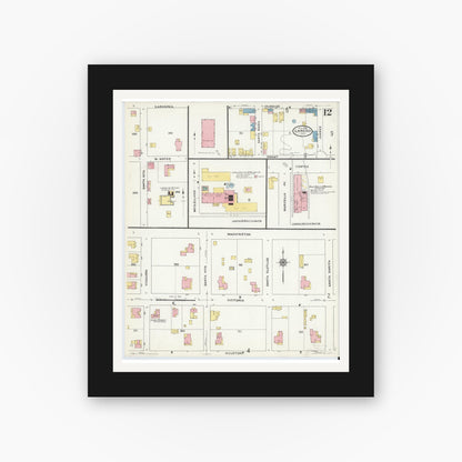 Old map wall art mockup — black gallery frame with white mat — Sanborn Fire Insurance Map from Laredo, Webb County, Texas (1909), Sheet #0012