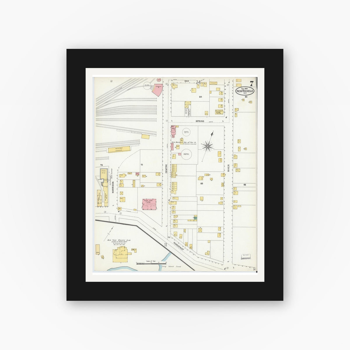 Old map wall art mockup — black gallery frame with white mat — Sanborn Fire Insurance Map from New Rochelle, Westchester County, New York (1903), Sheet #0007