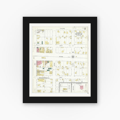 Old map wall art mockup — black gallery frame with white mat — Sanborn Fire Insurance Map from Remington, Jasper County, Indiana (1909), Sheet #0002
