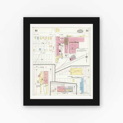 Old map wall art mockup — black gallery frame with white mat — Sanborn Fire Insurance Map from Fostoria, Seneca, Hancock, And Wood Counties, Ohio (1924), Sheet #0014