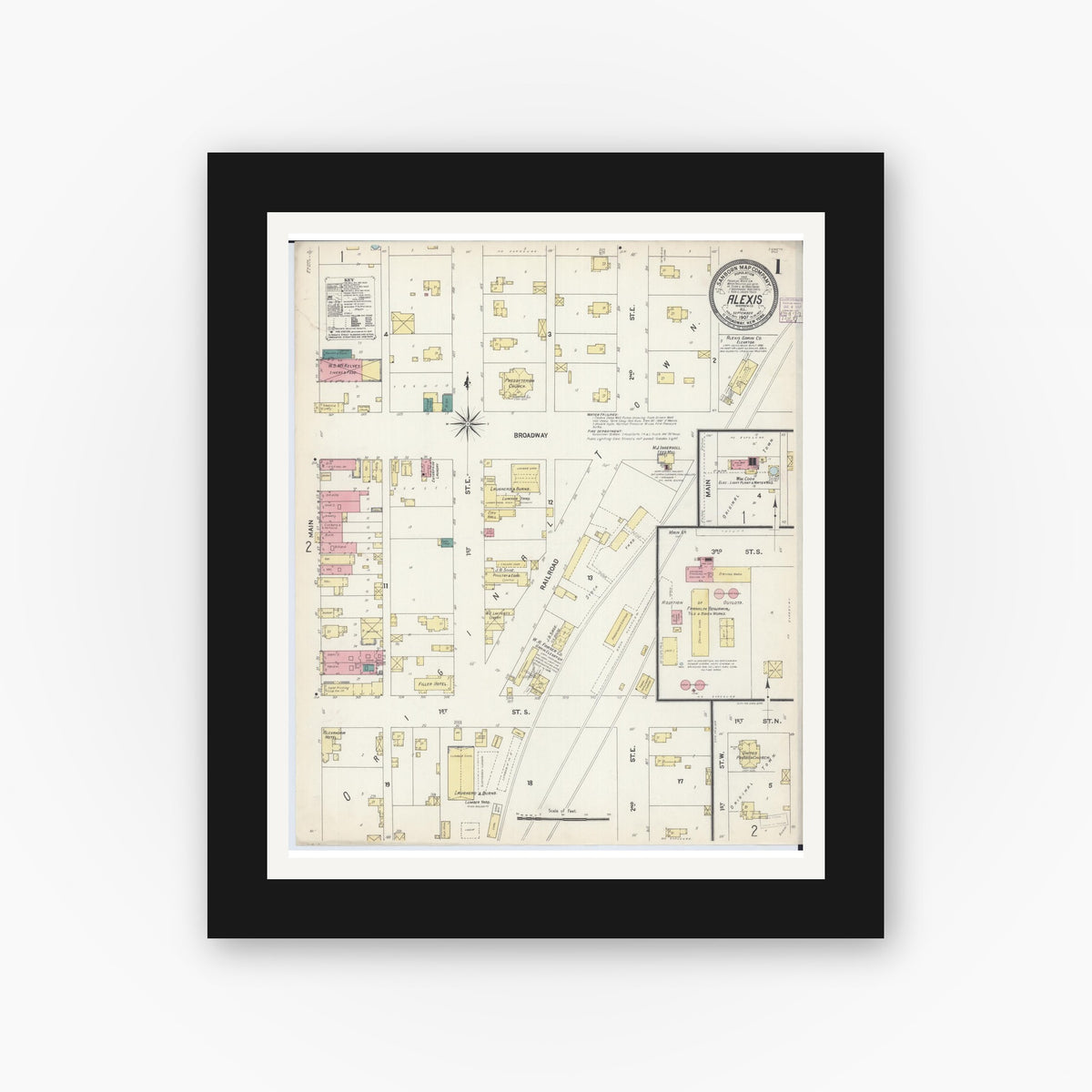 Old map wall art mockup — black gallery frame with white mat — Sanborn Fire Insurance Map from Alexis, Warren County, Illinois (1907), Sheet #0001