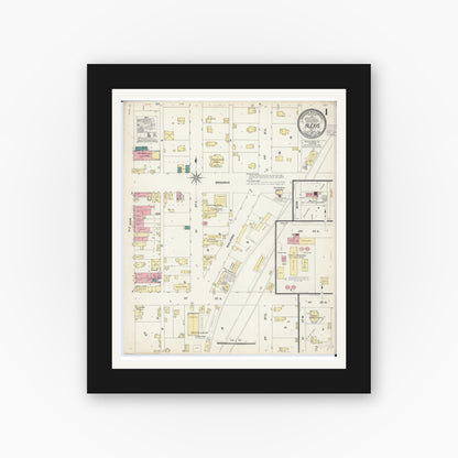 Old map wall art mockup — black gallery frame with white mat — Sanborn Fire Insurance Map from Alexis, Warren County, Illinois (1907), Sheet #0001