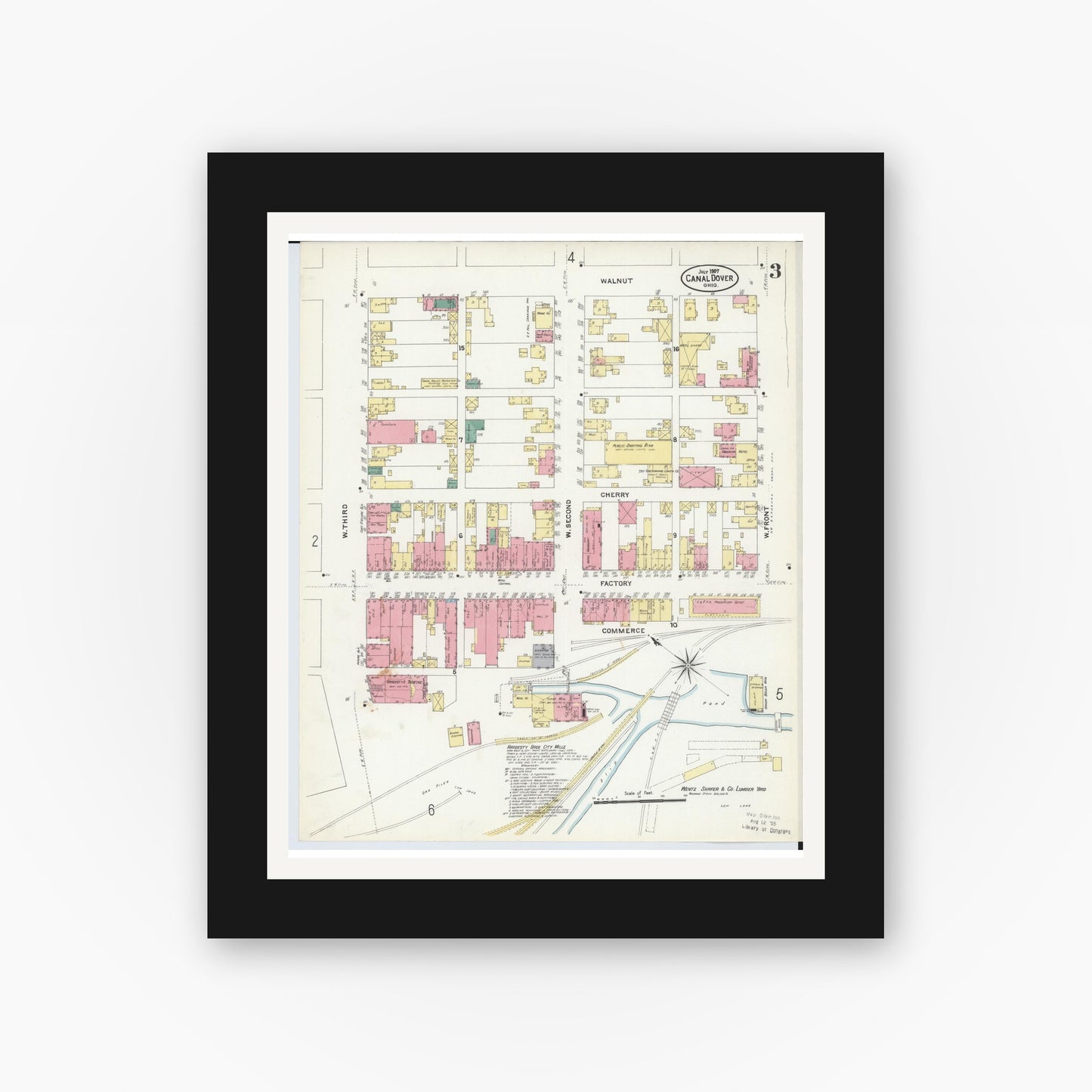 Old map wall art mockup — black gallery frame with white mat — Sanborn Fire Insurance Map from Canal Dover, Tuscarawas County, Ohio (1907), Sheet #0003
