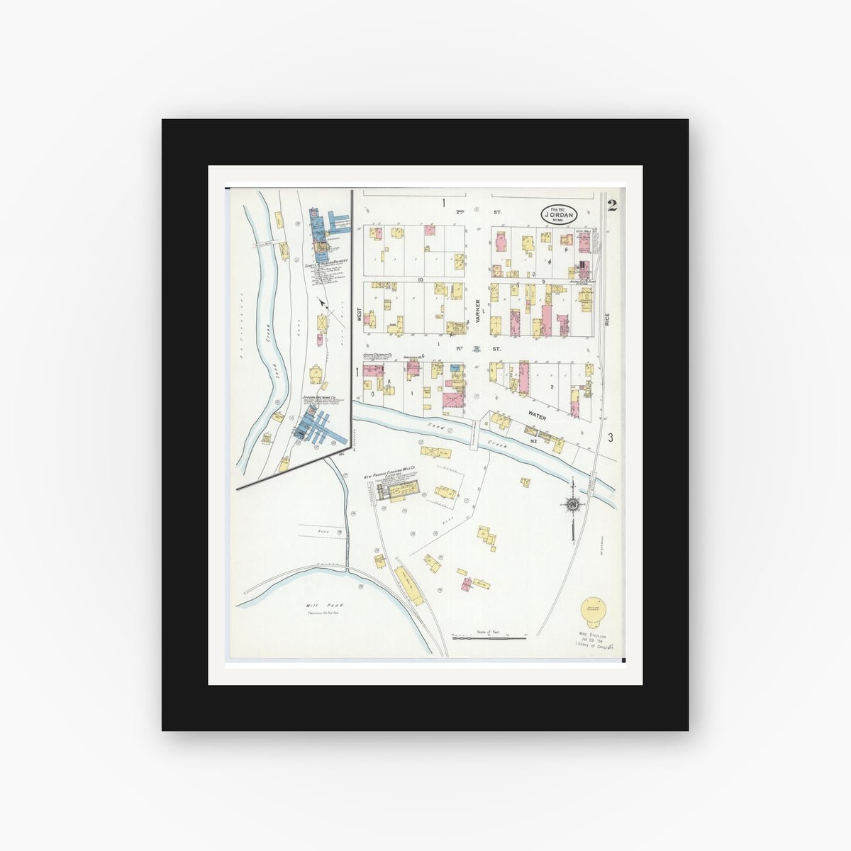 Old map wall art mockup — black gallery frame with white mat — Sanborn Fire Insurance Map from Jordan, Scott County, Minnesota (1911), Sheet #0002