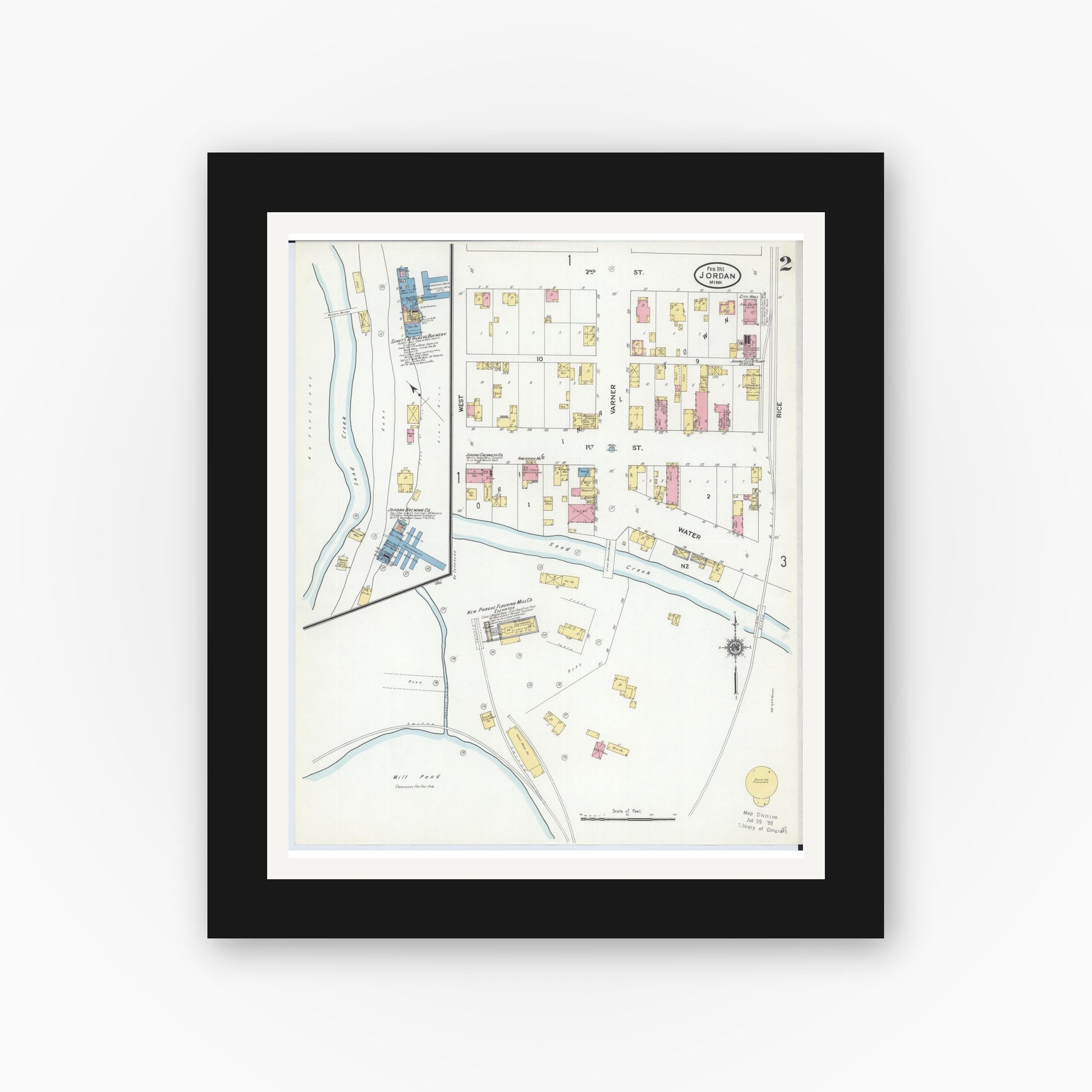 Old map wall art mockup — black gallery frame with white mat — Sanborn Fire Insurance Map from Jordan, Scott County, Minnesota (1911), Sheet #0002
