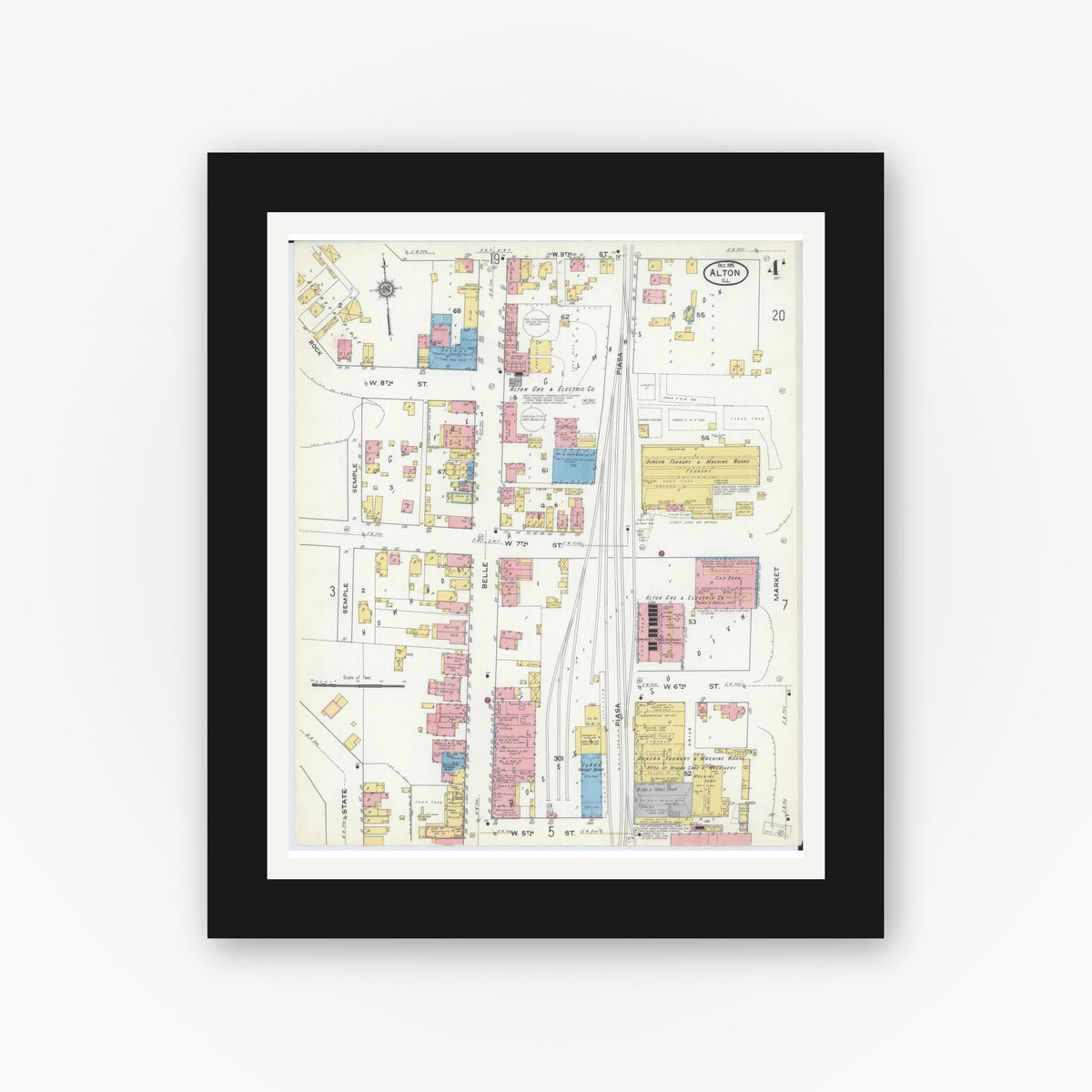 Old map wall art mockup — black gallery frame with white mat — Sanborn Fire Insurance Map from Alton, Madison County, Illinois (1915), Sheet #0004