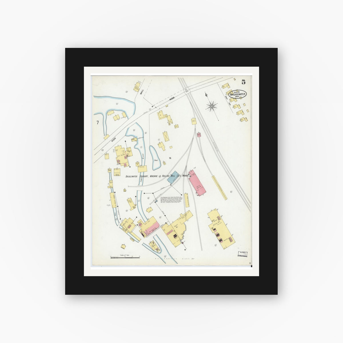 Old map wall art mockup — black gallery frame with white mat — Sanborn Fire Insurance Map from Bridgewater, Plymouth County, Massachusetts (1901), Sheet #0005