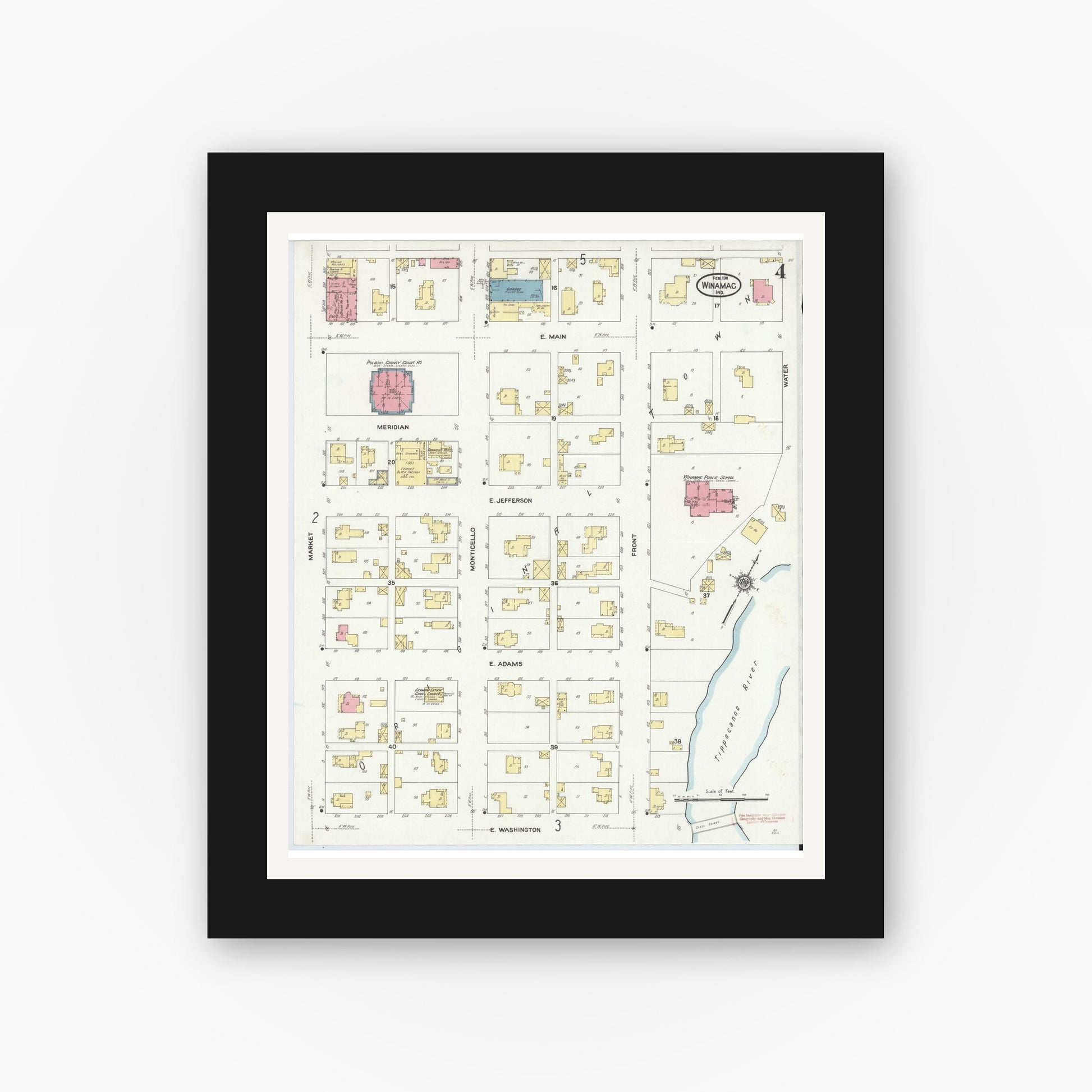 Old map wall art mockup — black gallery frame with white mat — Sanborn Fire Insurance Map from Winamac, Pulaski County, Indiana (1911), Sheet #0004