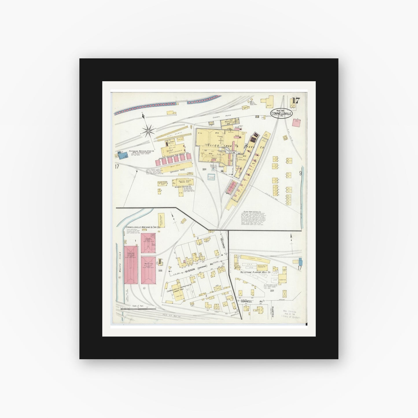 Old map wall art mockup — black gallery frame with white mat — Sanborn Fire Insurance Map from Connellsville, Fayette County, Pennsylvania (1908), Sheet #0017