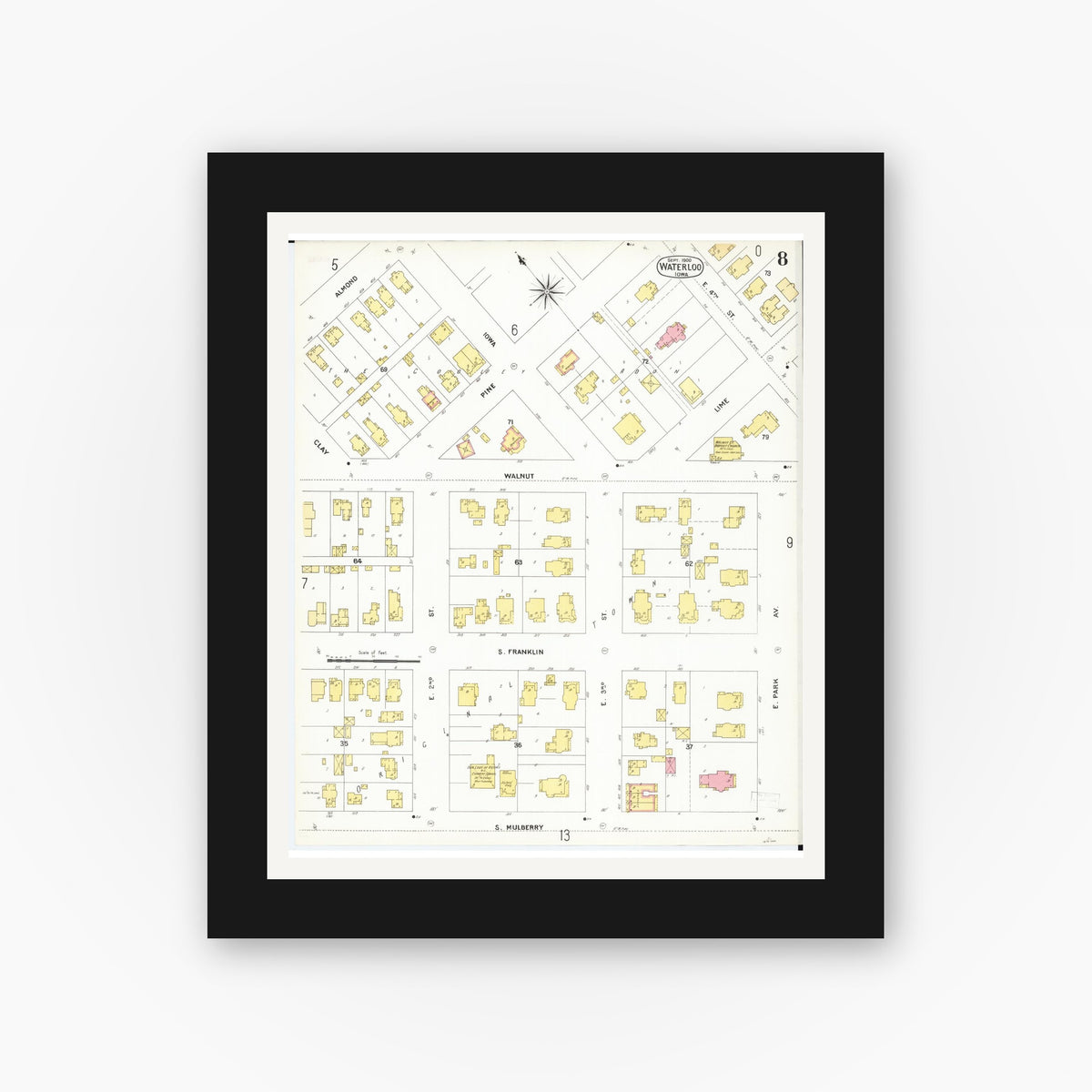 Old map wall art mockup — black gallery frame with white mat — Sanborn Fire Insurance Map from Waterloo, Black Hawk County, Iowa (1900), Sheet #0008